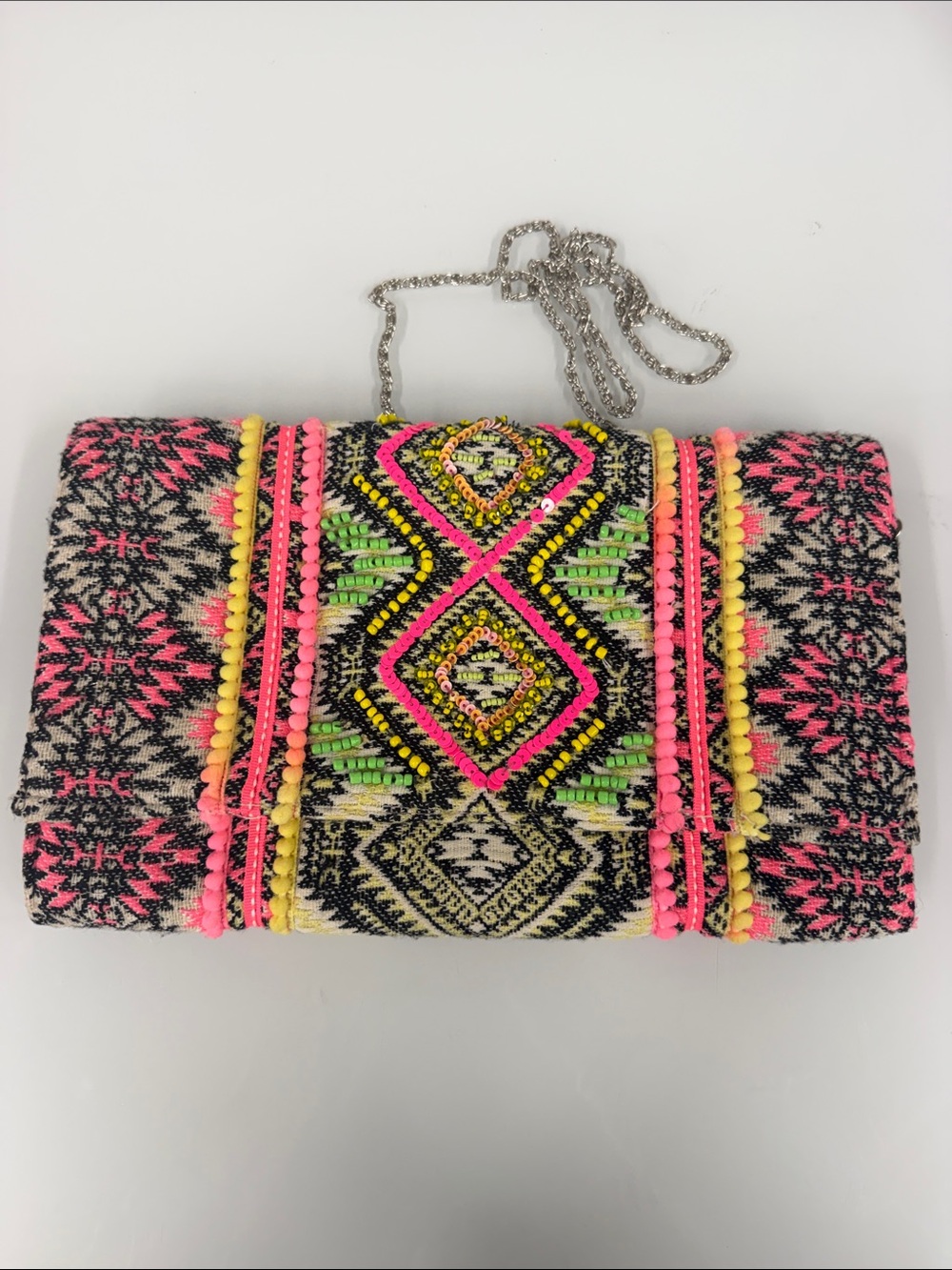 American & Beyond tribal beaded Embroidered Neon Accent Clutch with Silver Chain